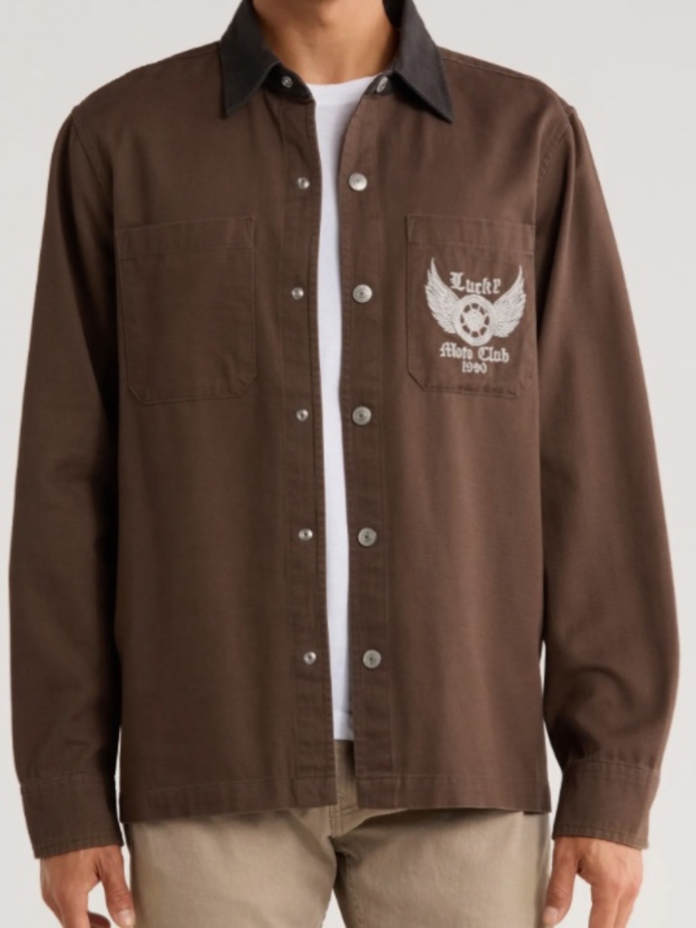 Men’s Lucky Brand Brown Button-Up Shirt Jacket with Black Contrast Collar